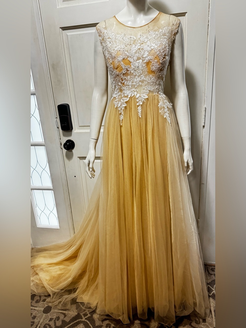 JJ's House Elegant Lace Appliqué Tulle Evening Dress in Mustard Color.